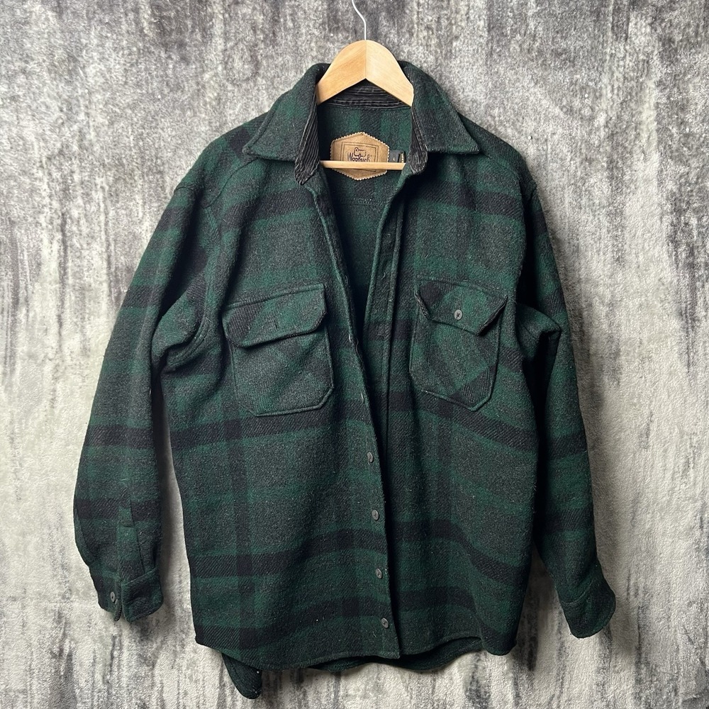 Vintage Woolrich Men's Green Buffalo Plaid Wool Shirt Jacket Made in USA L